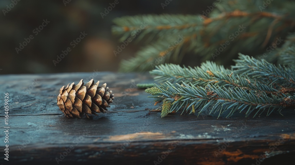 Poster green spruce branch with a pine cone on a rustic wooden surface creating a natural and serene backdr