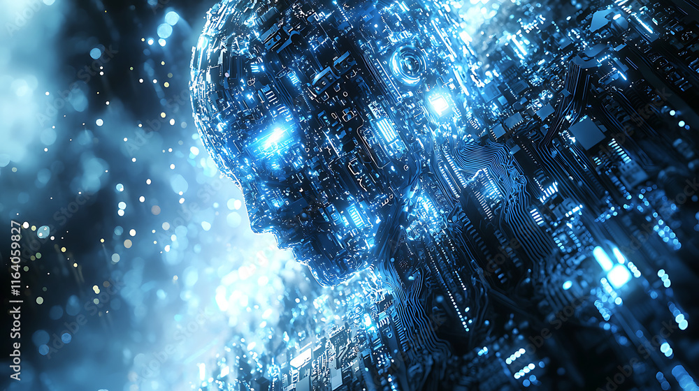 Poster hyper realistic depiction of digital artificial intelligence figure, showcasing intricate circuitry 