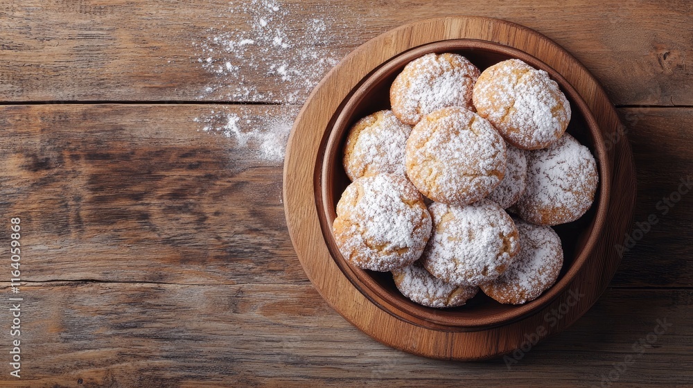 Poster bowl of creamy gingerbread cookies dusted with powdered sugar on rustic wooden background with ample