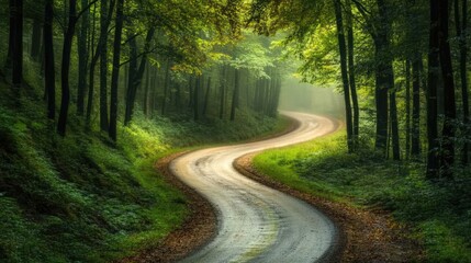 Obraz premium Curved roadway meandering through a lush green forest with mist and sunlight filtering through the trees in a serene natural landscape