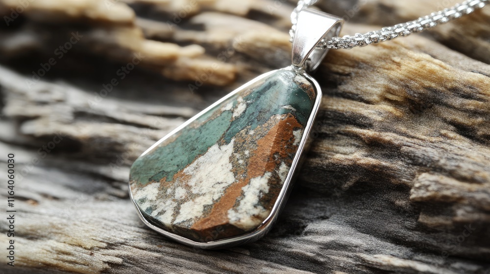 Aufkleber natural stone pendant on silver chain with unique texture and colorful patterns displayed on rustic 