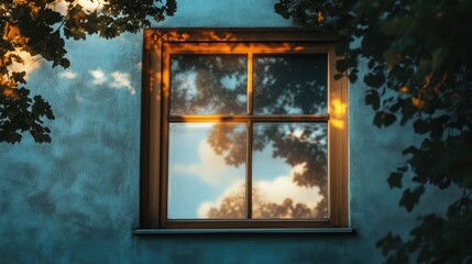 Window with a sunset reflection surrounded by lush foliage creating a serene and peaceful outdoor atmosphere.