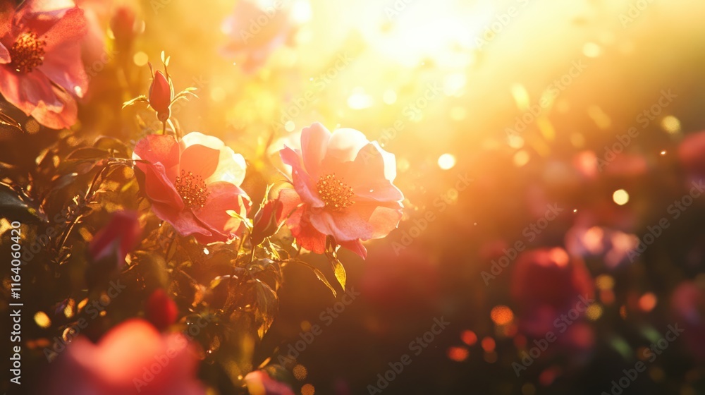 Poster sunlit wild roses in bloom with glowing background and soft bokeh