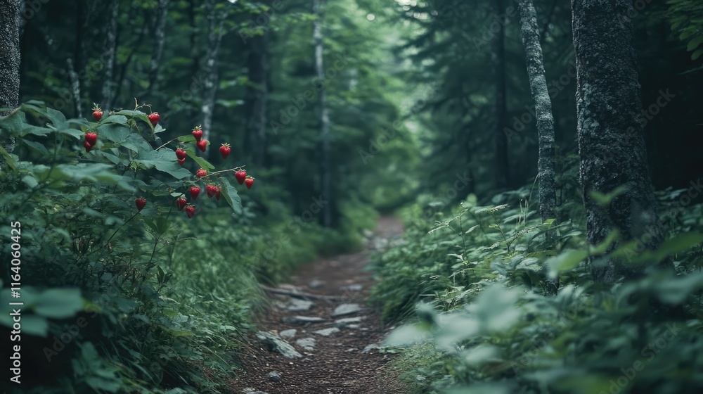 Poster forest path adorned with wild strawberries amidst lush greenery and trees creating a serene natural 