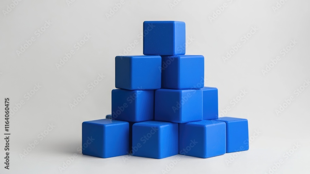 Poster blue cube stack arranged in a pyramid shape against a white background showcasing geometric design a