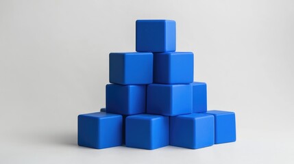 Naklejka premium Blue cube stack arranged in a pyramid shape against a white background showcasing geometric design and modern aesthetics.
