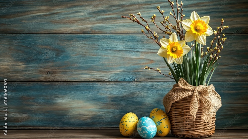 Poster spring scene featuring a burlap-wrapped vase of daffodils and colorful painted eggs in a wicker bask