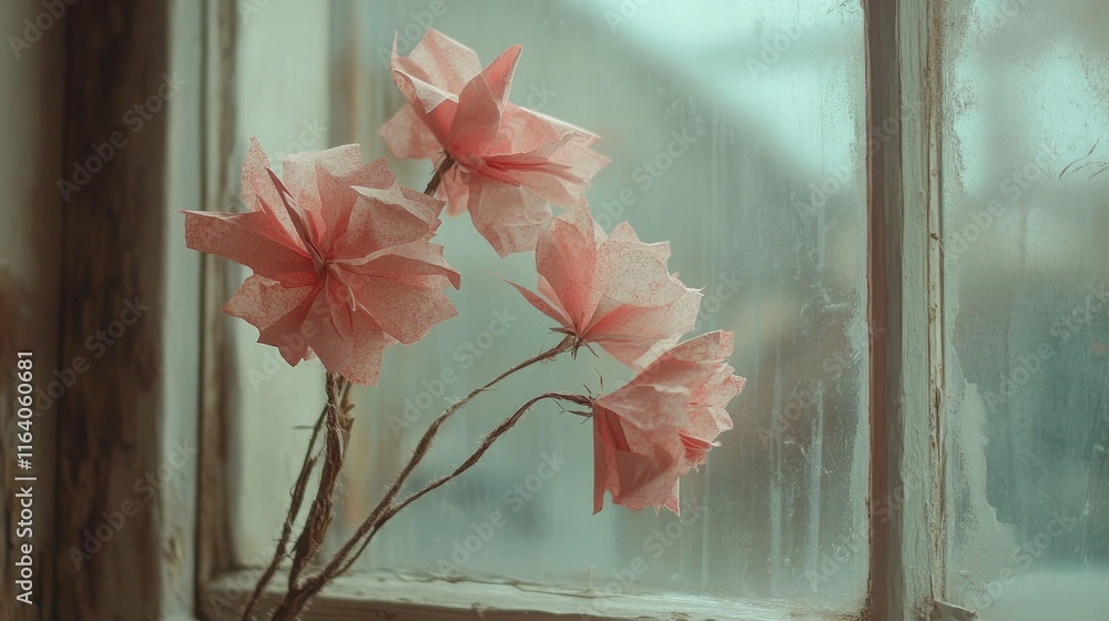 Poster wilted pink paper flowers in a rustic window setting with soft natural light and moody atmosphere