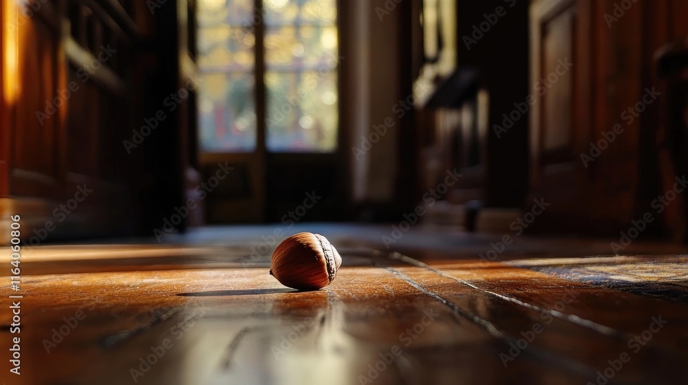 Poster acorn resting on wooden floor illuminated by natural light creating a warm and inviting atmosphere i