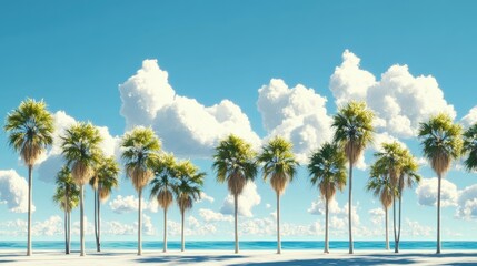 Tropical paradise with crown palms lining a pristine white beach under a vibrant blue sky filled with fluffy clouds