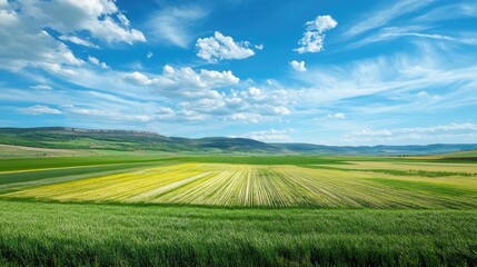 Obraz premium Wind turbines in lush green fields under bright blue skies showcasing renewable energy in a tranquil rural landscape.
