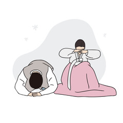 This is an illustration of a couple greeting each other in hanbok, a traditional Korean costume. A hand-drawn character vector element.