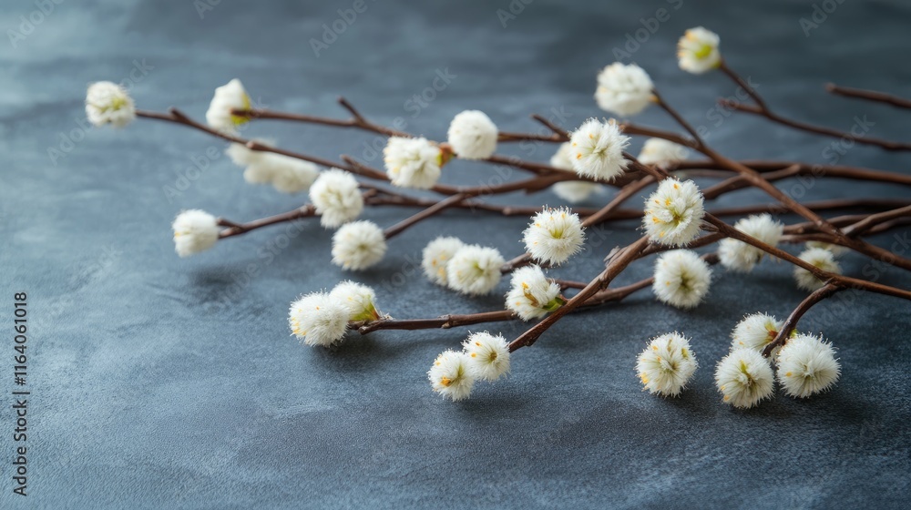 Aufkleber willow branches with fluffy buds arranged on a table with a soft background featuring delicate flowe