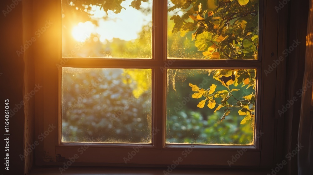Poster morning sunlight streaming through a rustic window frame with greenery illuminated in a tranquil ind