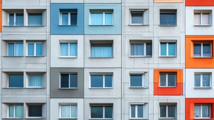 Obraz premium Modern architecture featuring colorful window systems on residential buildings showcasing design diversity and urban living.