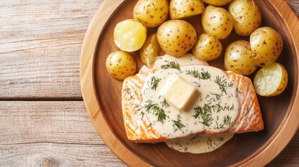 Baked salmon with creamy sauce and young boiled potatoes topped with butter and dill served on a wooden plate top view