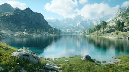 Fototapeta premium Serene Mountain Lake Surrounded by Lush Greenery and Majestic Peaks Under a Clear Sky