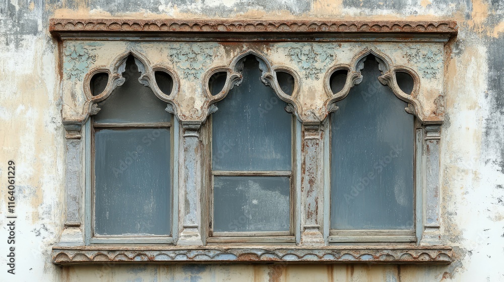 Poster vintage architectural window frame with intricate design and weathered paint on a rustic building wa