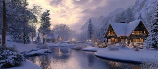 Fototapeta premium Cozy winter holiday cabins nestled in snowy mountains reflecting on a tranquil river at twilight