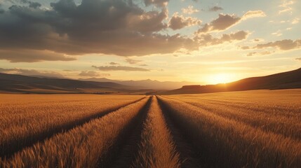 Fototapeta premium Wheat field at sunset under a cloudy sky with golden hues and a serene landscape inviting tranquility and nature's beauty
