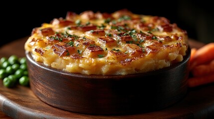 A baked dish with a golden crust, garnished with herbs, served on a wooden platter.