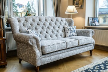 In a living room with grey couches and floral wallpaper, a blanket rests on the couch with a lamp on the table. Real photo