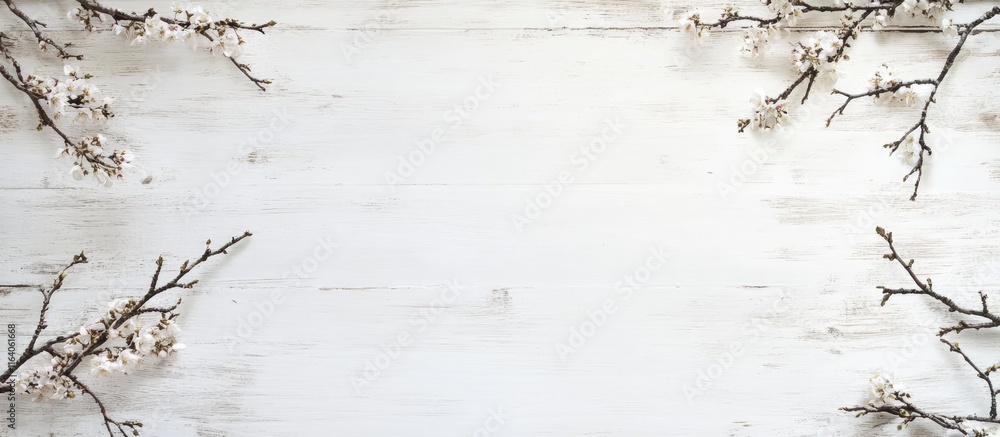 Poster spring cherry plum branches on a white wooden backdrop creating a serene and elegant space for custo