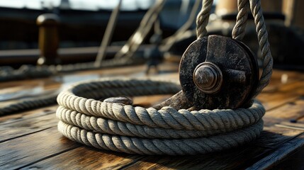 Winch and coiled rope on a traditional sailing yacht deck showcasing nautical equipment and maritime craftsmanship