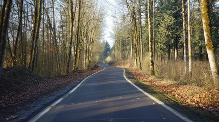 Obraz premium Scenic tree-lined road with a bicycle path perfect for outdoor adventures and leisurely rides surrounded by natural beauty.