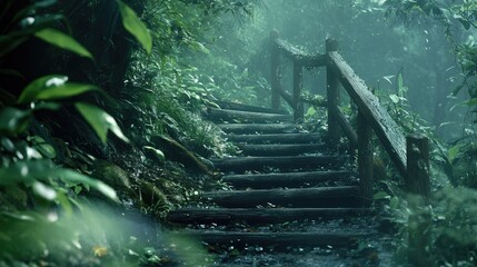 Naklejka premium Wooden stairs with railing along a trail in a lush rainforest surrounded by dense greenery and misty atmosphere