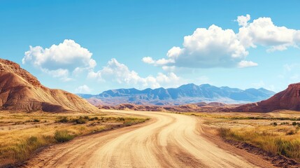 Winding dirt road through sandy clay terrain with mountains and white clouds in a serene landscape under bright blue sky