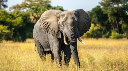 Obraz premium Majestic grey elephant standing gracefully in a sunlit savannah amidst tall grasses and lush greenery.