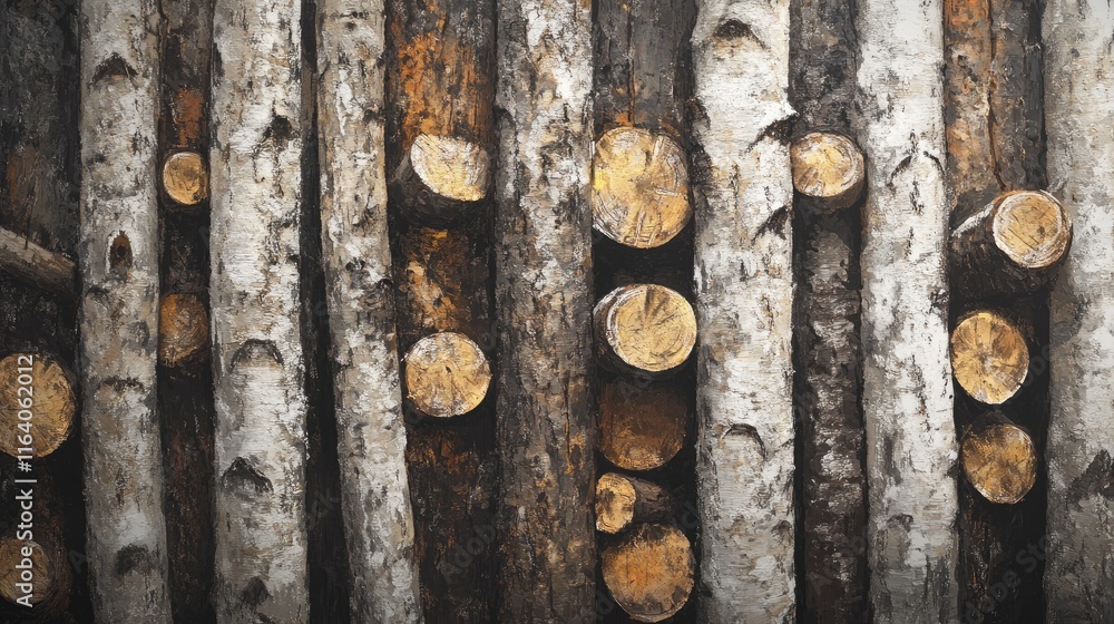Poster birch and pine logs stacked together creating an organized and rustic wood background for design and