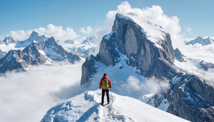 Mountaineer standing triumphantly on a snowy peak overlooking a breathtaking landscape