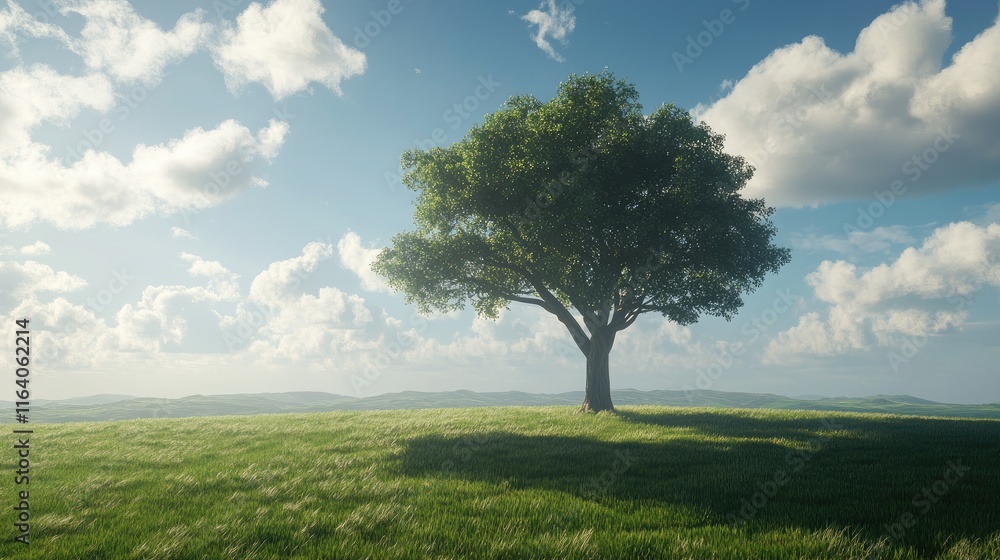 Poster solitary tree in a lush green field under a bright sky with clouds creating a serene landscape scene