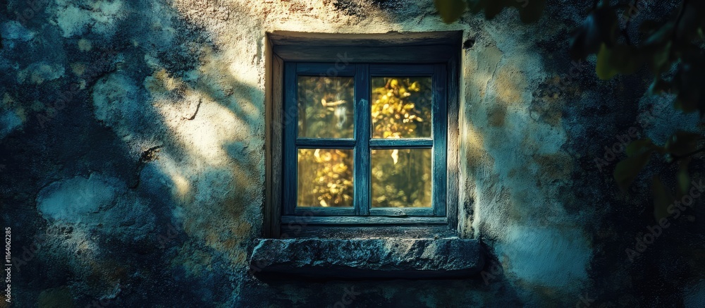 Aufkleber rustic window with autumn leaves reflecting sunlight in an old stone wall creating a serene and tran