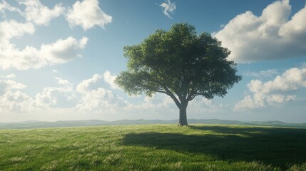 Obraz premium Solitary tree in a lush green field under a bright sky with clouds creating a serene landscape scene for nature and tranquility themes