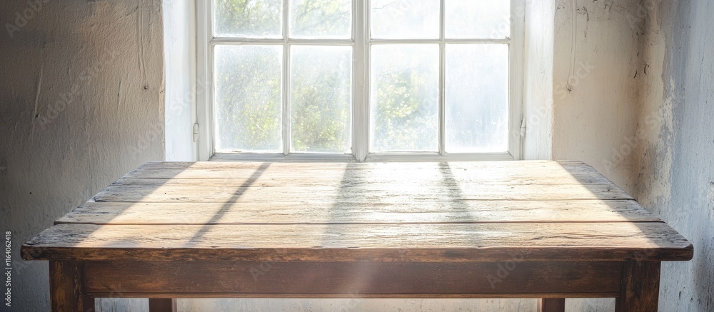 Poster rustic wooden table with blurred window background ideal for product showcasing and inviting display