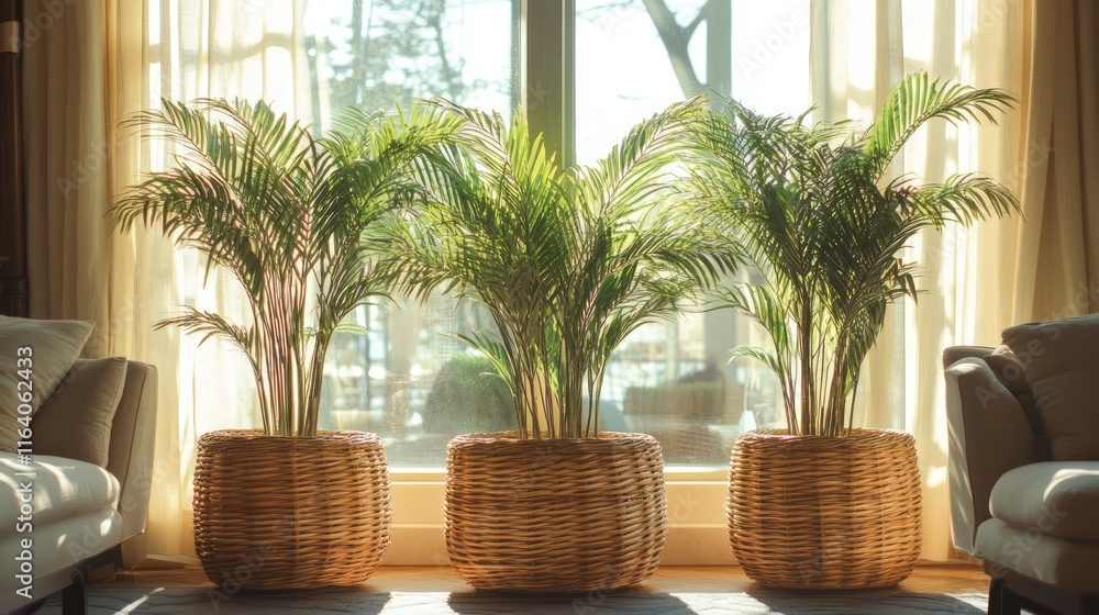 Poster wicker pots with decorative palm trees in sunlight near a cozy sofa by the window creating a warm an