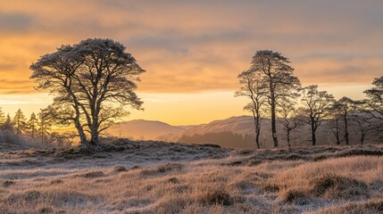 Golden sunrise illuminating tree silhouettes on frosty hills with vibrant colors enhancing a serene morning landscape.