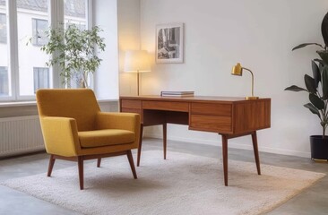 A modern home office interior captured in a real photo, featuring graphics, a desk, a sofa, and a yellow pouf