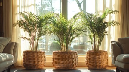 Fototapeta premium Wicker pots with decorative palm trees in sunlight near a cozy sofa by the window creating a warm and inviting living room ambiance