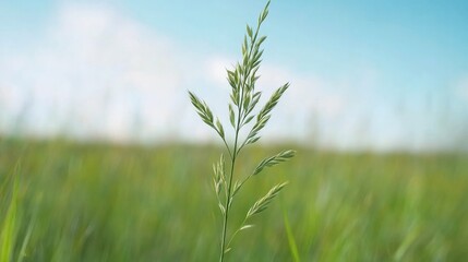 Naklejka premium Delicate wild grass sprig against a softly blurred natural background highlighting serene outdoor beauty and tranquility.