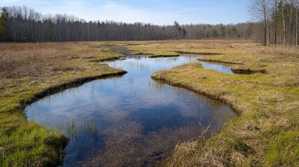 Fototapeta premium Early spring marsh landscape with serene water ponds and vibrant green grass under a clear blue sky