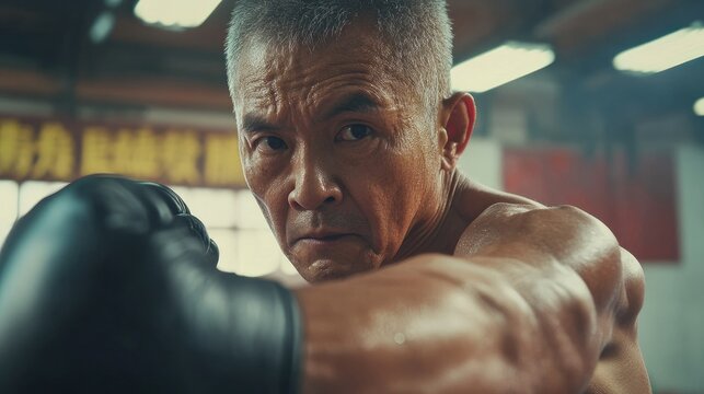 Focused Asian male practicing Muay Thai boxing techniques in an indoor gym with intense concentration and determination on his face. - Powered by Adobe