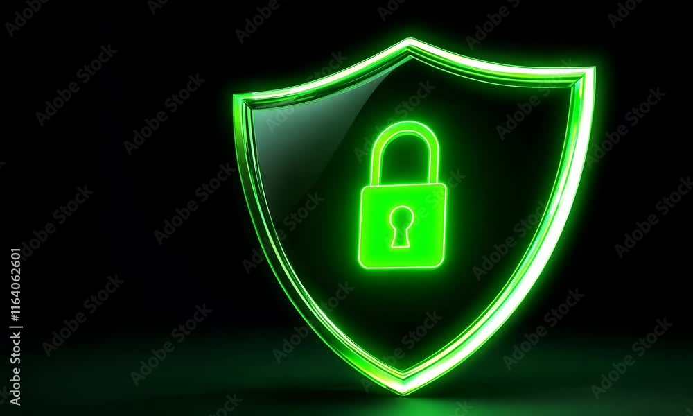 Poster digital shield with green lock icon symbolizing data protection and security technology
