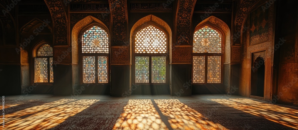 Aufkleber intricate architectural windows casting patterned shadows in historic minaret interior space with wa