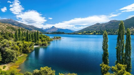 Naklejka premium Serene lake landscape with vibrant trees under a clear blue sky showcasing nature's tranquility in a picturesque mountain setting