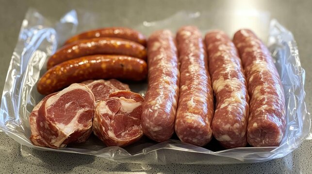 Winter Delicacies Assortment of Pork Sausage Cotechini Zamponi and Bacon Ready for Processing