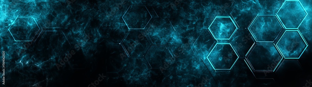 Poster ultra-wide hexagonal geometric background displaying a complex structure of carbon fiber hexagons, i
